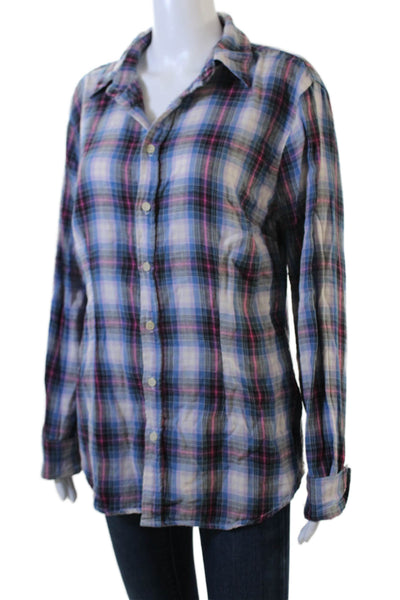 Shirt Womens Basic Button-Up Blue Plaid Cotton Collared Long Sleeve 90s Size L