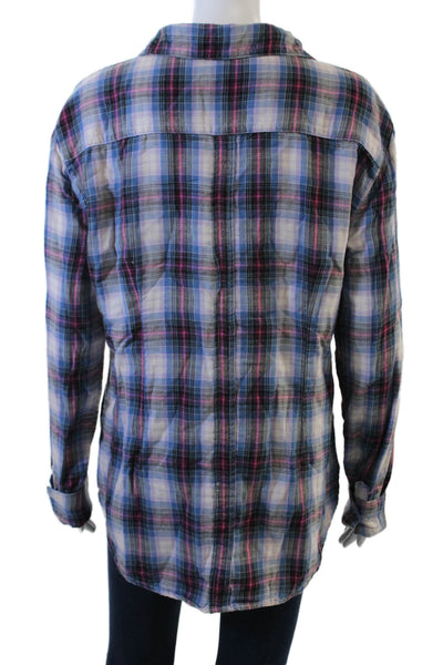 Shirt Womens Basic Button-Up Blue Plaid Cotton Collared Long Sleeve 90s Size L