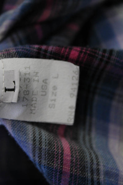 Shirt Womens Basic Button-Up Blue Plaid Cotton Collared Long Sleeve 90s Size L