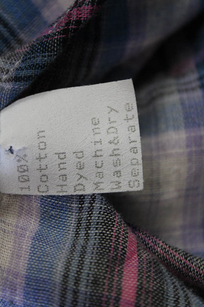 Shirt Womens Basic Button-Up Blue Plaid Cotton Collared Long Sleeve 90s Size L