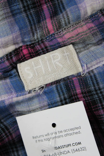 Shirt Womens Basic Button-Up Blue Plaid Cotton Collared Long Sleeve 90s Size L