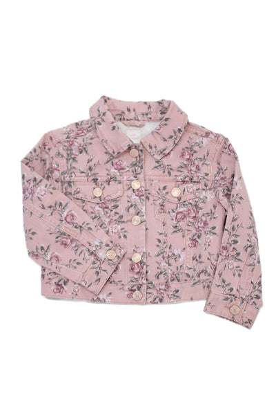 Love Shack Fancy Girls Floral Collar Long Sleeve Denim Jacket Pink Size 4Y
