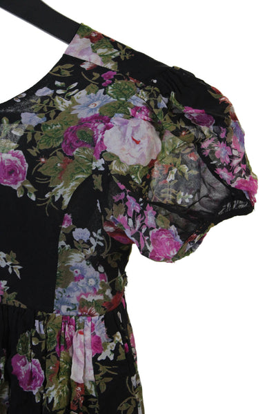 Love Shack Fancy Girls Floral Crew Neck Short Sleeve A-Line Dress Black Sz 3-4Y