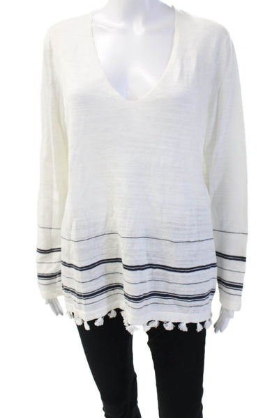 White Label Women Tunic White Linen Striped V-Neck Long Sleeve Beach Size 10