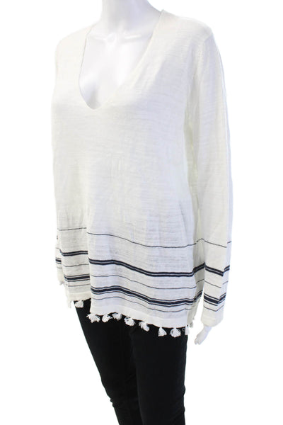 White Label Women Tunic White Linen Striped V-Neck Long Sleeve Beach Size 10
