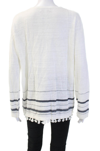 White Label Women Tunic White Linen Striped V-Neck Long Sleeve Beach Size 10
