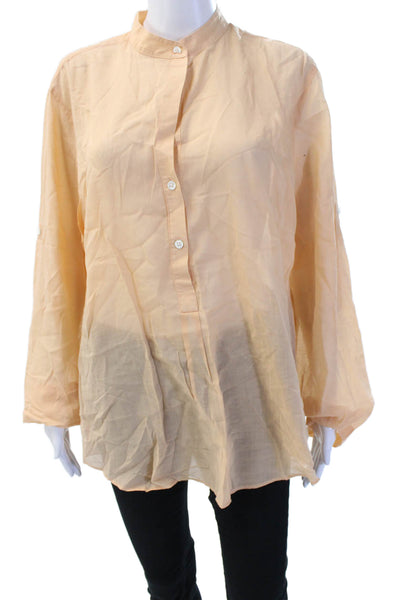 Theory Womens Tunic Blouse High Neck Long Sleeve Beige Cotton Button Up Size M