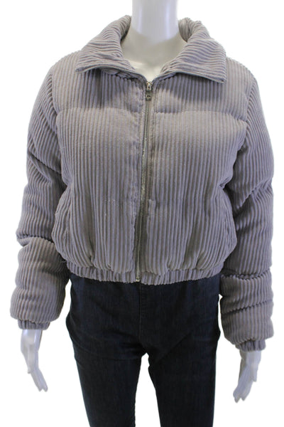 Superdown Womens Puffer Bomber Jacket Gray Striped Zip Long Sleeve Size S