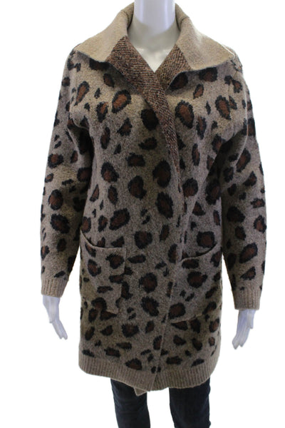 Maude Vivante Women Cardigan Beige Animal Print Collared Long Sleeve Size S