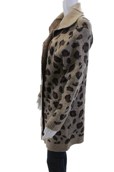 Maude Vivante Women Cardigan Beige Animal Print Collared Long Sleeve Size S