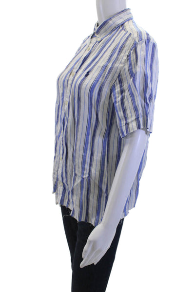 Polo Ralph Lauren Men Button-Down Linen Striped Blue Short Sleeve Size XL