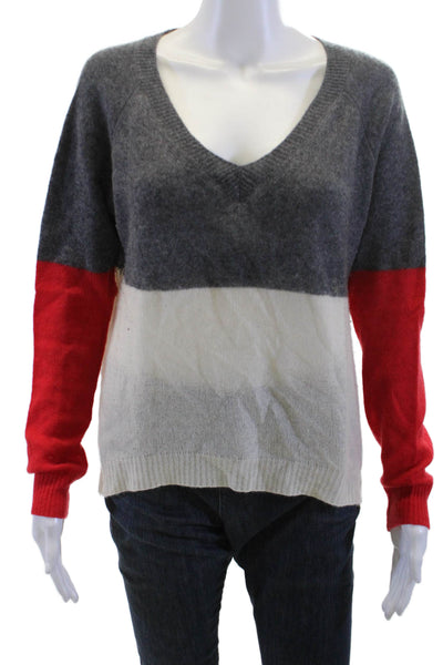 Enza Costa Unisex Pullover Sweater V-Neck Dark Gray Cashmere Striped Size L