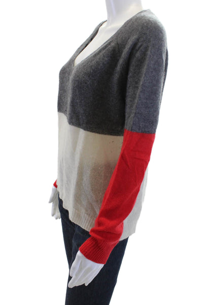 Enza Costa Unisex Pullover Sweater V-Neck Dark Gray Cashmere Striped Size L