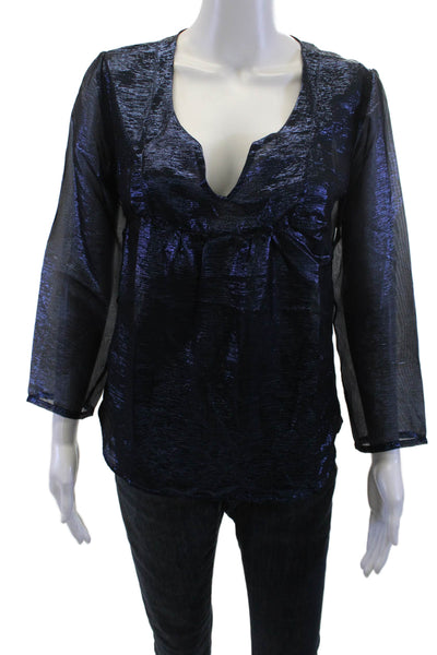 Maison Lurex Women Tunic Blouse Dark Blue V-Neck Long Sleeve 80s Size M