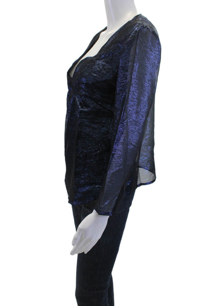 Maison Lurex Women Tunic Blouse Dark Blue V-Neck Long Sleeve 80s Size M