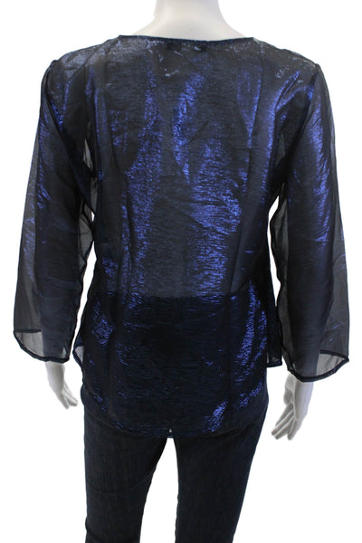Maison Lurex Women Tunic Blouse Dark Blue V-Neck Long Sleeve 80s Size M
