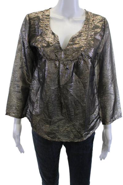Maison Lurex Womens Black V-Neck Tunic Blouse 3/4 Sleeve Silk Lurex Size M