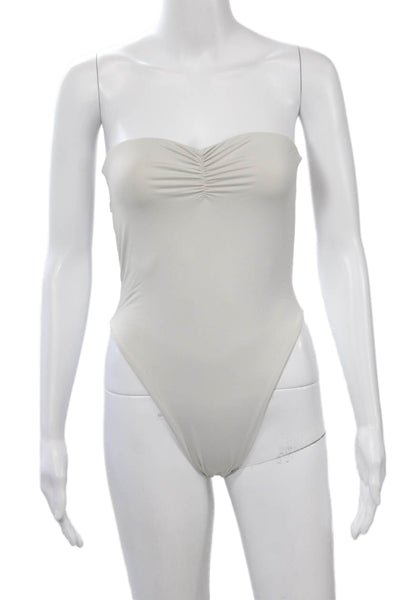 Designer Women One Piece Swimsuit Beige Nylon Solid Beach Size M