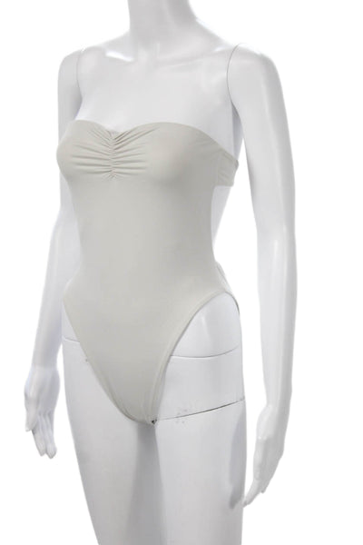 Designer Women One Piece Swimsuit Beige Nylon Solid Beach Size M