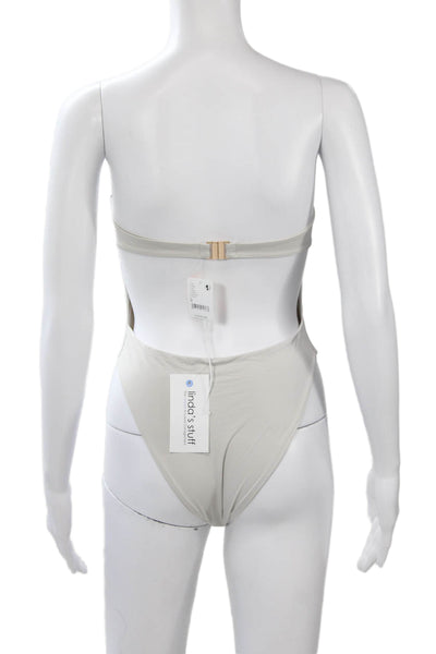 Designer Women One Piece Swimsuit Beige Nylon Solid Beach Size M