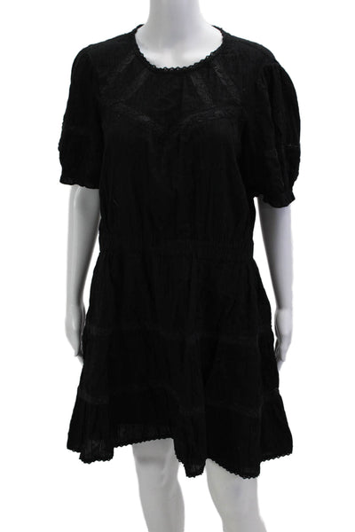 Zara Women Mini Dress Black Cotton Short Sleeve Round Neck Boho Button Size 2XL