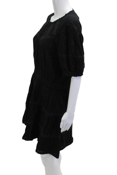 Zara Women Mini Dress Black Cotton Short Sleeve Round Neck Boho Button Size 2XL