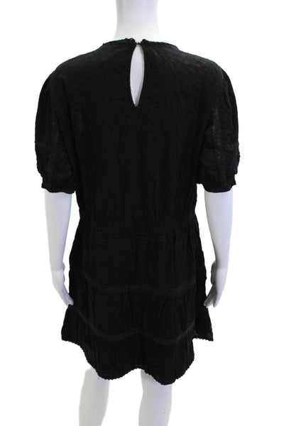 Zara Women Mini Dress Black Cotton Short Sleeve Round Neck Boho Button Size 2XL