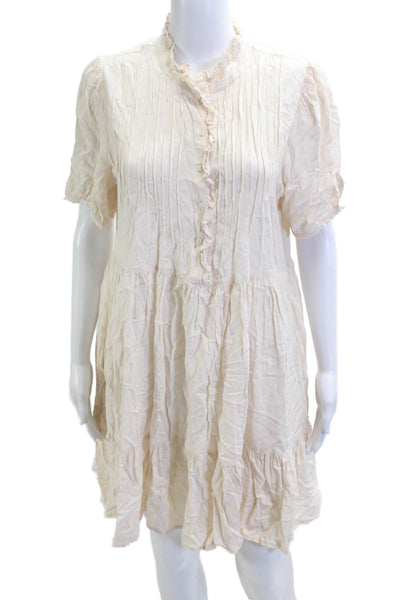 Castro Womens Shirt Dress Beige Viscose High Neck Button Short Sleeve Size L
