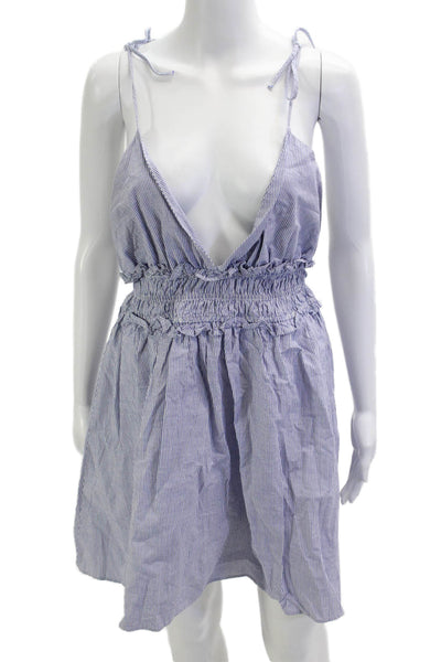 Zara Women Sundress Sleeveless Striped Blue Cotton V-Neck Tie Waist Size L