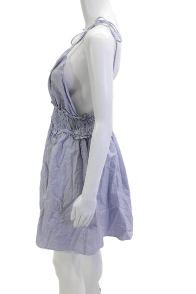 Zara Women Sundress Sleeveless Striped Blue Cotton V-Neck Tie Waist Size L