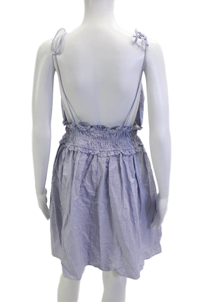 Zara Women Sundress Sleeveless Striped Blue Cotton V-Neck Tie Waist Size L