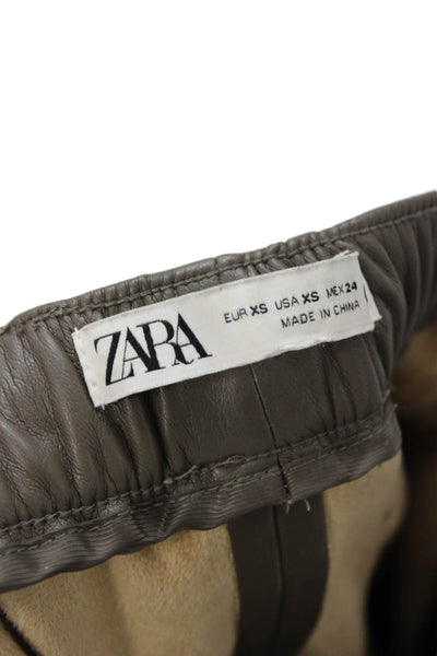 Zara Womens Cropped Faux Leather Jogger Pants Brown Drawstring Size XS