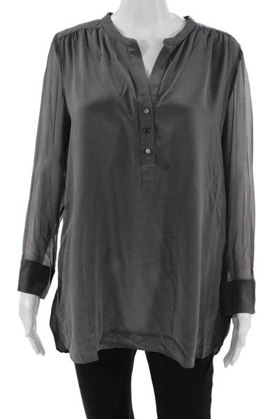 Amanda Uprichard Women Silk V-Neck Tunic Button-Up Long Sleeve Dark Gray Size M