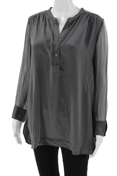 Amanda Uprichard Women Silk V-Neck Tunic Button-Up Long Sleeve Dark Gray Size M