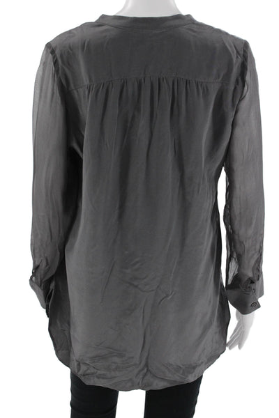 Amanda Uprichard Women Silk V-Neck Tunic Button-Up Long Sleeve Dark Gray Size M