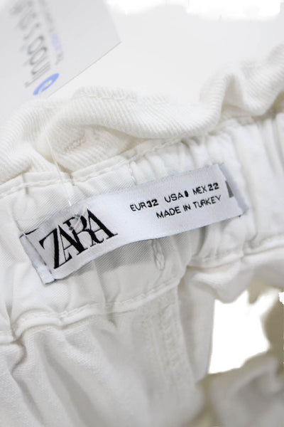 Zara Womens Ankle Paperbag Pants White Cotton Size 0