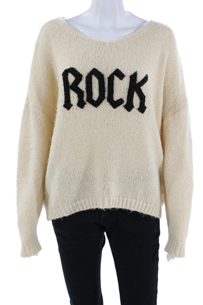 Elan Unisex Beige Rock Graphic Pullover Sweater Long Sleeve Round Neck Size M
