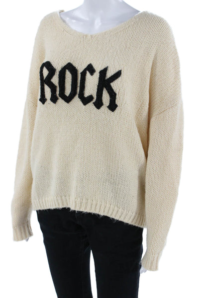 Elan Unisex Beige Rock Graphic Pullover Sweater Long Sleeve Round Neck Size M