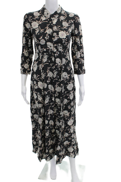 Zara Women Maxi Shirt Dress Black Floral Collared Viscose 3/4 Sleeve Size S