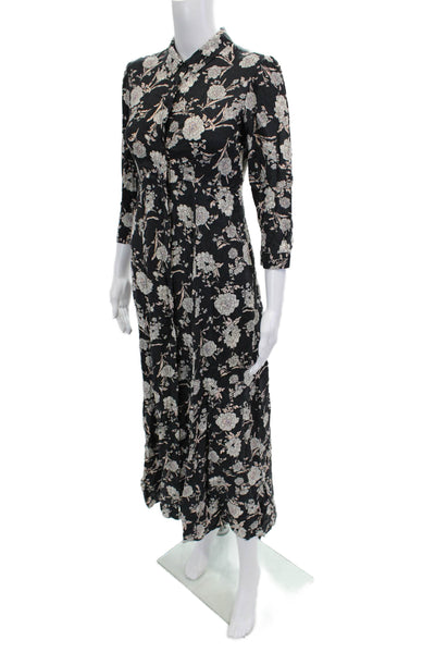 Zara Women Maxi Shirt Dress Black Floral Collared Viscose 3/4 Sleeve Size S