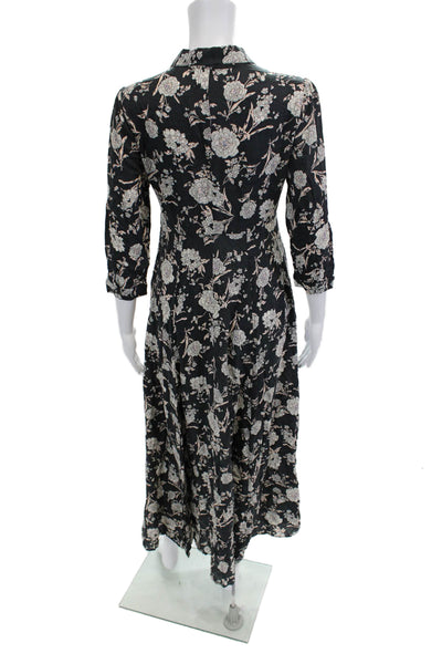 Zara Women Maxi Shirt Dress Black Floral Collared Viscose 3/4 Sleeve Size S