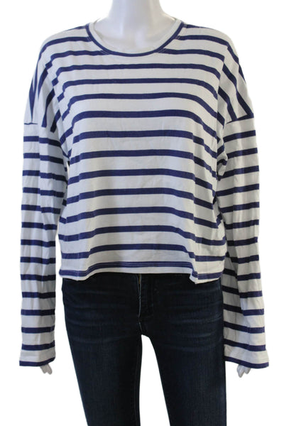 ASKKNY Women Blue Striped Cropped Cotton Long Sleeve T-Shirt Size M