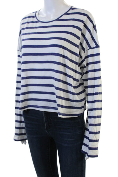 ASKKNY Women Blue Striped Cropped Cotton Long Sleeve T-Shirt Size M