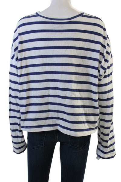 ASKKNY Women Blue Striped Cropped Cotton Long Sleeve T-Shirt Size M