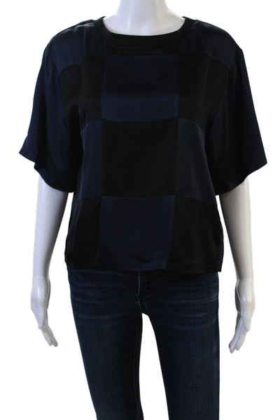 Cynthia Rowley Womens Black Silk Checked Short Sleeve Blouse Round Neck Size XS