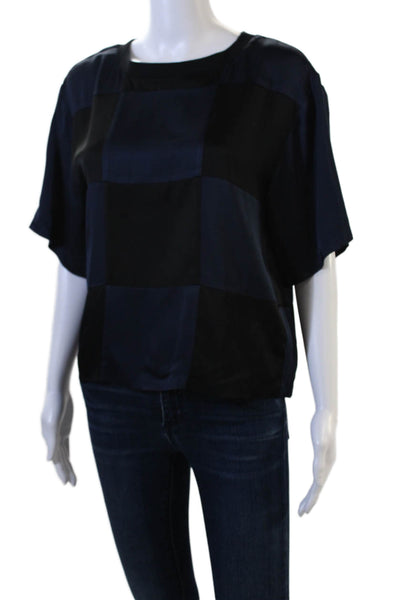Cynthia Rowley Womens Black Silk Checked Short Sleeve Blouse Round Neck Size XS