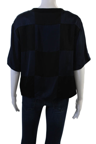 Cynthia Rowley Womens Black Silk Checked Short Sleeve Blouse Round Neck Size XS