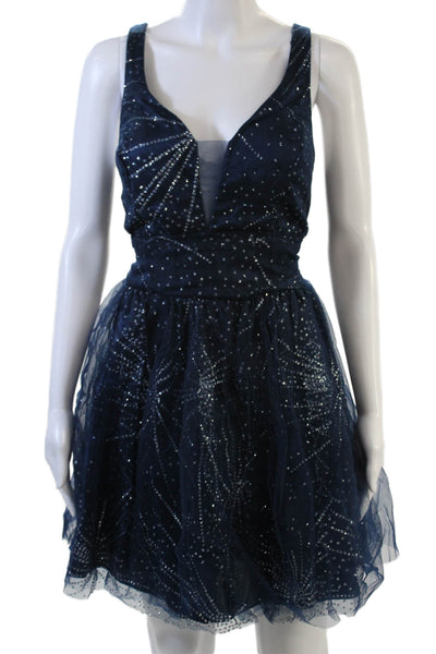 B. Darlin Womens Fit & Flare Mini Dress Dark Blue Knee Length V-Neck Size 11