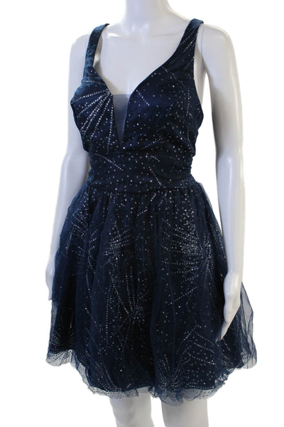 B. Darlin Womens Fit & Flare Mini Dress Dark Blue Knee Length V-Neck Size 11