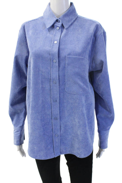 Zara Women Basic Collared Button-Up Long Sleeve Blue Polyester Blend Size M
